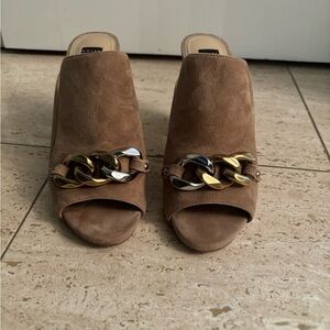 tan suede open toe heel mules